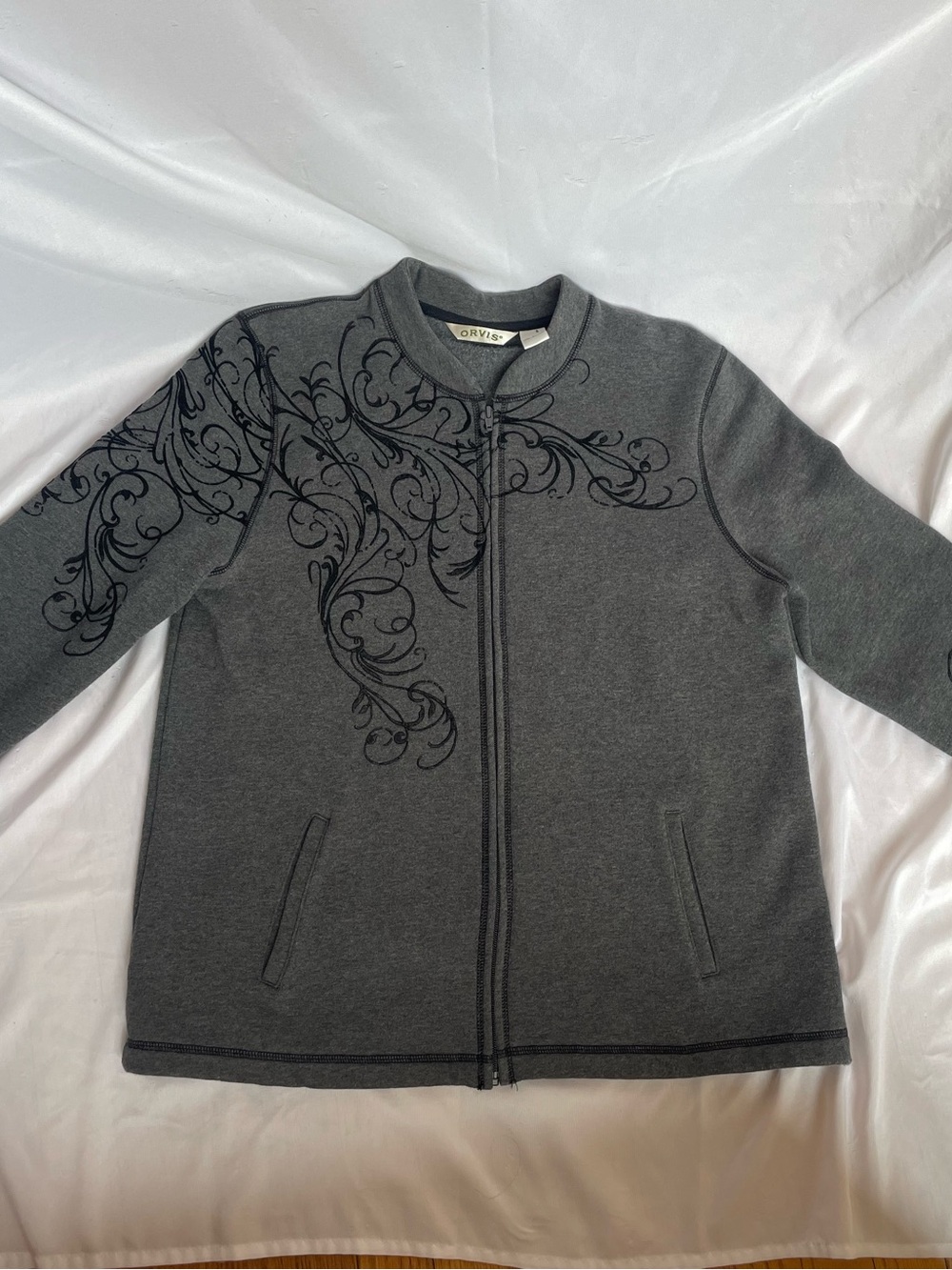 Orvis Women's Charcoal Grey, Flocked Scroll Design, Zip-Up Jacket - Size Large